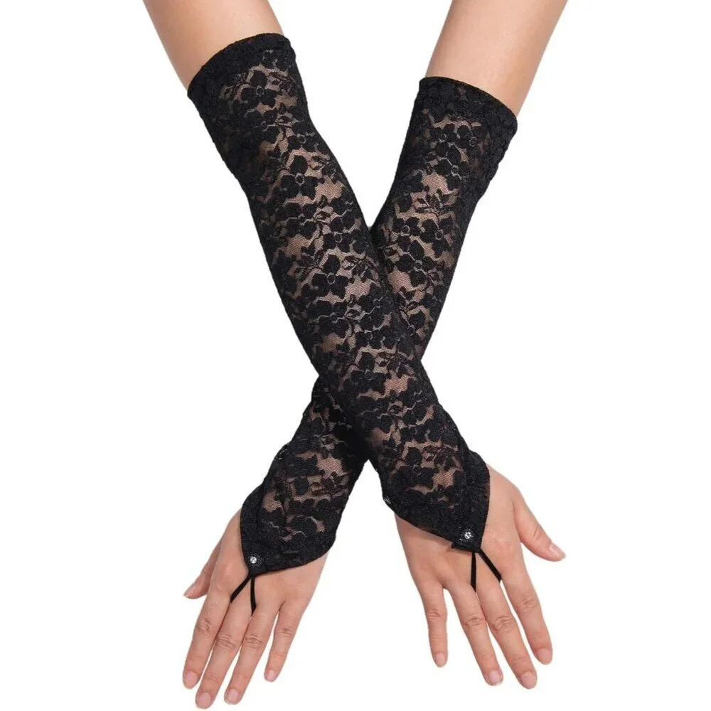 Women's Black 15.8 Inch Elbow Length Finger Less Halloween Cosplay Gloves